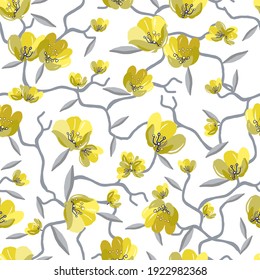 Elegant seamless floral pattern with yellow flowers and gray branches on a white background. Isolated vector illustration.