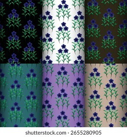 Elegantes padrões florais sem costura com flores e folhas desenhadas à mão. Perfeito para design de tecido, papéis de parede, embalagem e projetos digitais. Formato vetorial, totalmente editável e escalável.

