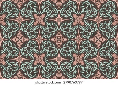 Elegant seamless floral scroll pattern featuring mint green, dusty pink and dark brown tones. Ideal for fabric, wallpaper, wrapping paper, packaging and home decor. Hand-drawn original artwork, not AI generated.