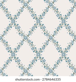 Elegant seamless floral trellis pattern with blue forget-me-not flowers and sage green leaves forming ogee diamond lattice on cream background. Perfect for fabric, wallpaper, textile and home decor.