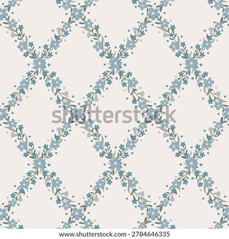 Elegant seamless floral trellis pattern with blue forget-me-not flowers and sage green leaves forming ogee diamond lattice on cream background. Perfect for fabric, wallpaper, textile and home decor.