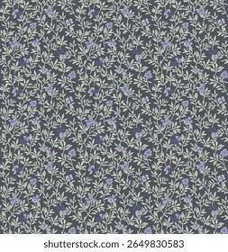 Elegant seamless floral vector pattern featuring delicate purple flowers and soft green leaves on a dark background. Perfect for fabric prints, wallpapers, wrapping paper, textile designs, and digital