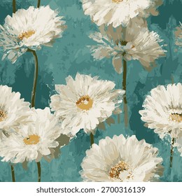 Elegante patrón de Vector floral sin fisuras con margaritas blancas con centros dorados sobre un fondo verde azulado. Perfecto para la tela, el Fondo de pantalla y los proyectos de diseño decorativo