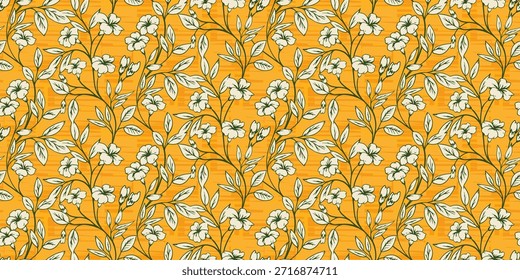 Elegante patrón de Vector floral sin fisuras con delicadas flores blancas y subgrupos frondosos sobre un fondo de textura cálida. Ideal para diseños de telas, empaques, papelería y decoración