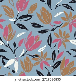 Elegant seamless floral vector pattern with stylized flowers and leaves. Modern botanical background ideal for fabric, wallpaper, and branding.