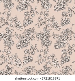 Elegant seamless floral vector pattern with detailed hand drawn blossoms, buds and leaves in dark graphite outlines on a soft nude background. Refined, vintage for textiles and decor