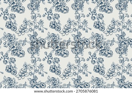 Elegant seamless floral vector pattern with detailed hand drawn blossoms, buds and leaves in classic navy outlines on a light background. Vintage, refined for textiles and packaging