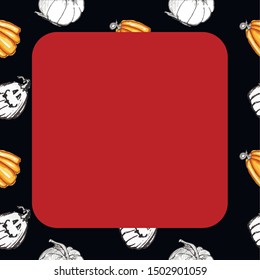 Elegant seamless frame for Halloween memorable photos/ Pumpkins, on a black background Wrapping paper. Flat design.