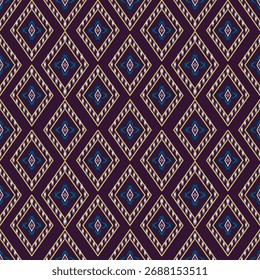 Elegant seamless geometric diamond pattern with purple background and golden details, perfect for luxury design, textile, wallpaper, and decorative projects.