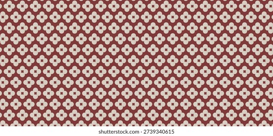Elegant seamless geometric floral pattern with white blossoms on a warm maroon red textured background