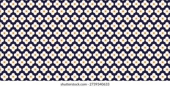 Elegant seamless geometric floral pattern featuring white blossoms with gold centers on a dark navy background