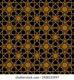 Elegant seamless geometric pattern in arabic style background with flowers and stars. Gold on black