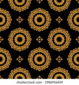 Elegant seamless geometric pattern in arabic style background with flowers and stars. Gold on black. Can be used for wallpaper, pattern fills, web page background,surface textures.