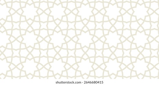 "Elegante padrão geométrico sem costura com linhas ornamentais bege em um fundo branco. Inspirado por motivos clássicos islâmicos e marroquinos, este design intrincado e mínimo 