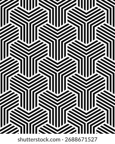 Elegant seamless geometric pattern in black and white featuring hexagonal optical illusion lines