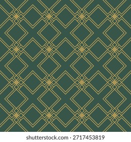 Elegante patrón geométrico sin fisuras con Formas de diamantes entrelazadas con líneas de oro sobre un fondo verde oscuro. Este diseño abstracto de lujo es ideal para Fondos de pantalla, impresiones textiles, telas, papel de embalaje, embalaje, marca, invitaciones y decoración de interiores. Perfecto para proyectos de diseño moderno, art deco y premium.