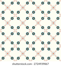 Elegante patrón geométrico sin fisuras con motivos florales dispuestos en un diseño de celosía de diamante. Diseñado con un fondo crema suave, flores verdes profundas y líneas decorativas de coral, este patrón de inspiración vintage es ideal para Fondos de pantalla, textiles, impresión de telas, papel de regalo, decoración del hogar, papelería, embalaje y proyectos de diseño de patrones de superficie.