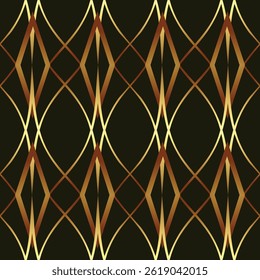 Elegant seamless geometric pattern inspired by Art Deco style, featuring intertwining diamond shapes in gold, bronze, and deep brown. Ideal for luxurious textiles, wallpapers, packaging, and digital