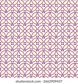 Elegant seamless geometric pattern with interconnected circles, hearts, and bow shapes. Vector illustration background in pink and cream colors.