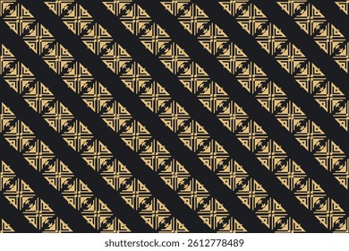 Elegant seamless geometric pattern with tribal vibes in gold and black. Perfect for branding, textiles, packaging, and wallpapers.