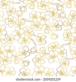 Elegant seamless  golden pattern with hand drawn sakura. Pattern for wallpaper, wrapping paper, wedding invitations, fabric, greeting cards. Line art ink drawing. Vector illustration.