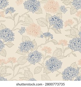 
Elegant seamless hydrangea floral pattern featuring delicate botanical engraving details in soft blue and blush pink tones. Inspired by vintage botanical illustrations and chinoiserie-inspired wallpaper designs, this decorative floral pattern is ideal for textiles, fabric printing, wallpaper, wrapping paper, home decor, and surface pattern design projects.
