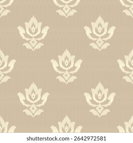 Elegant seamless ikat patterns featuring lotus motifs in soft beige tones. Luxurious traditional Thai textile design for high-end fabric, packaging, or interior decor.