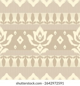 Elegant seamless ikat patterns featuring lotus motifs in soft beige tones. Luxurious traditional Thai textile design for high-end fabric, packaging, or interior decor.