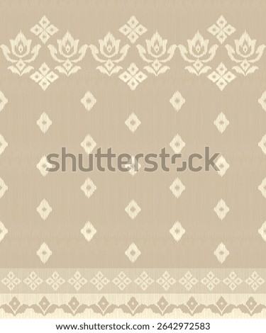 Elegant seamless ikat patterns featuring lotus motifs in soft beige tones. Luxurious traditional Thai textile design for high-end fabric, packaging, or interior decor.