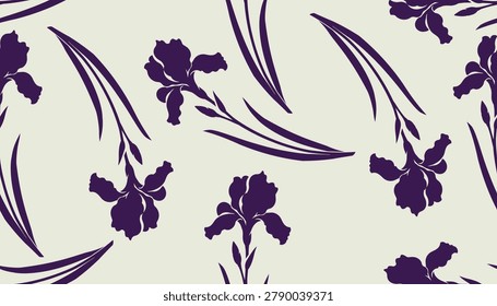Elegant seamless iris flower pattern with botanical silhouettes. Decorative floral background for textile, fabric, wallpaper, wrapping paper, home decor and surface design projects.