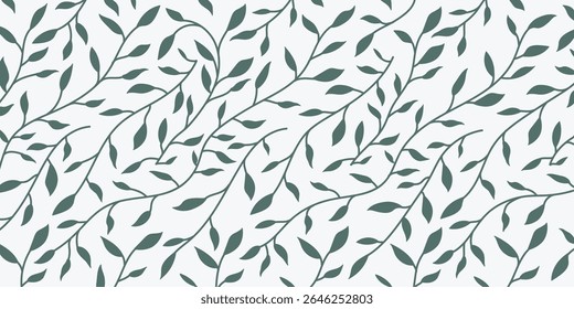 Elegant seamless leaf pattern in dark green. Botanical vector background perfect for fabric, wallpaper, eco packaging, invitations, and modern nature-themed graphic design projects.