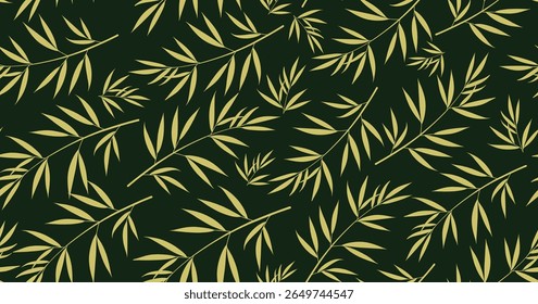 Elegant seamless leaf pattern with golden botanical foliage on dark green background, ideal for luxury packaging, eco branding, textile prints, wallpapers, and organic design projects.