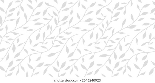 Elegant seamless leaf pattern in soft gray on white background, perfect for fabric printing, wallpaper, packaging, and eco-themed designs.Minimalist nature foliage vector illustration. sstkBackgrounds