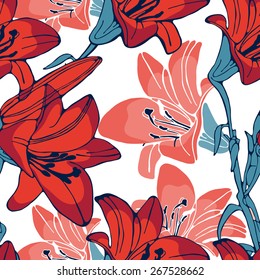 Elegant seamless lilly flowers pattern. Vector illustration