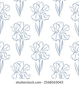 Elegant seamless line art pattern with iris flowers and leaves in a minimalistic style. Ideal for textile design, wallpaper, packaging and spring background.