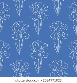 Elegant seamless line art style pattern with iris flower and leaf. Hand drawn illustration for textile design, wallpaper, packaging and spring background.