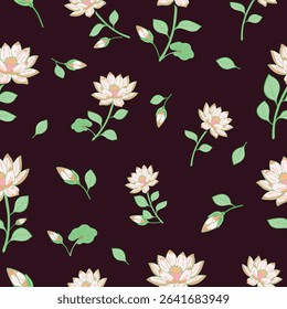Elegant seamless lotus flower pattern with soft cream blossoms on maroon background, perfect for fabric, wallpaper, gift wrap, and digital paper.