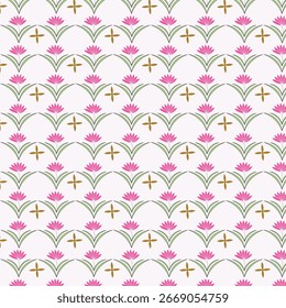 Elegant seamless lotus flower pattern with pink blooms, green leaves, and golden accents on a light background. Perfect for fabric, wallpaper, gift wrap, stationery, and spiritual inspired designs.