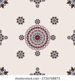 Elegante patrón de mandala sin fisuras con un detallado mandala circular central rodeado de Pequeños medallones florales. Diseño ornamental simétrico en tonos terrosos rojos, azules y verdes sobre un fondo beige suave. Inspirado en el arte tradicional étnico y popular, este patrón decorativo es perfecto para Fondos de pantalla, textiles, impresiones de tela, papel de regalo, papelería, decoración del hogar, diseños bohemios y fondos espirituales o de meditación. Armoniosa composición repetitiva con un refinado estilo ornamental.