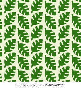 Elegante patrón de hojas de monstruo sin costuras en tonos verdes y crema. Ideal para Fondos de pantalla, telas, papel de regalo y proyectos modernos de decoración tropical.