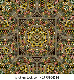 Elegant seamless ornament of simple geometry shapes composition. Graphic apache design. Batik print. Small elements texture. Vector embroidery pattern.