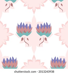 elegant seamless ornate vector repeat pattern with abstract shapes and spiky flowers in pastel shades on a white backdrop