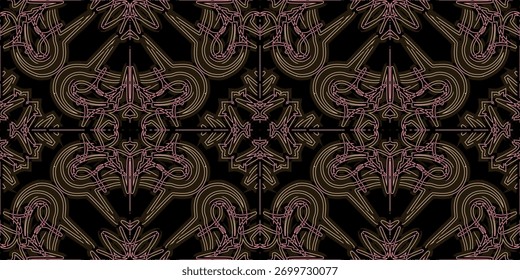 Elegant Seamless Outline Motif on a Black Backdrop. Luxury Packaging Background with Modern Filigree. Dark Abstract Luxury Wallpaper pattern. abstract Glowing Line Art
