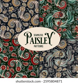 Elegant Seamless Paisley Pattern Collection Featuring Hand-Drawn Ornamental Swirls, Floral Details, And Koi Fish In A Decorative Vector Illustration