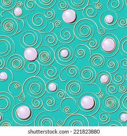 Elegant seamless paper convex pattern of shining pearls and spirals on a blue background