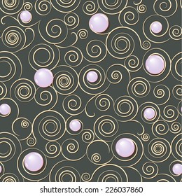 Elegant seamless paper convex pattern of shining pearls and spirals on a grey background