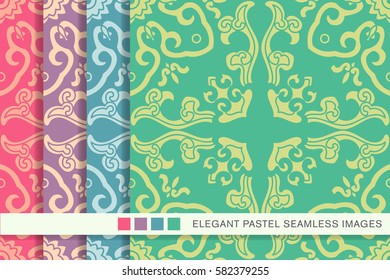 Elegant seamless pastel background set curve spiral cross kaleidoscope
