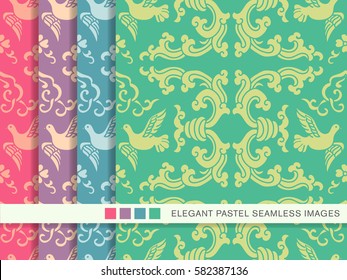 Elegant seamless pastel background set retro spiral wave pigeon