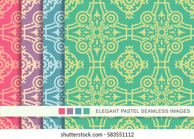 Elegant seamless pastel background set round kaleidoscope flower