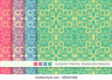 Elegant seamless pastel background set peacock feather kaleidoscope
